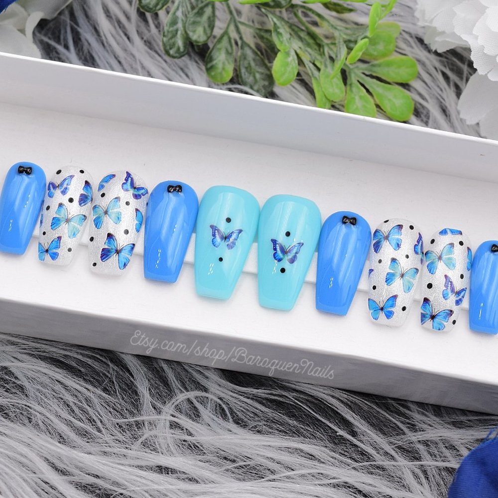 Blue Press On Nails Butterfly Nails